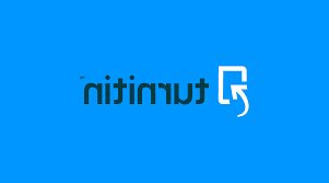 blue background, black text saying Turnitin, white logo of a page with a curved inward arrow.